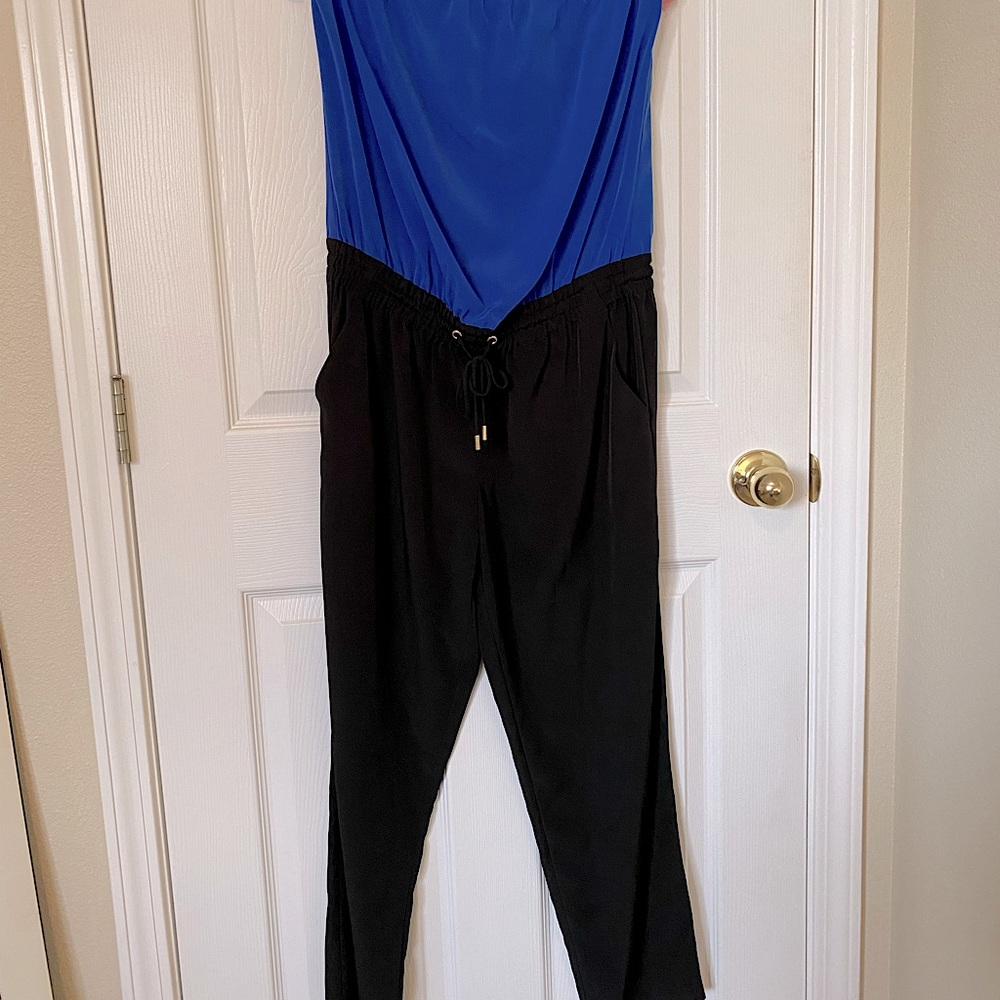 Express blue/black strapless jumpsuit